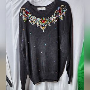 Vintage 90’s Women’s BRITTANY LEIGH Jeweled Black Cotton Ramie Sweater  Large